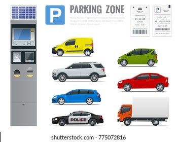 Set of realistic modern terminal for paying for car parking, parking receipt and cars view from side.