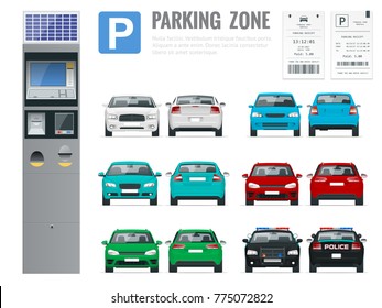 Set of realistic modern terminal for paying for car parking, parking receipt and cars front and rear view