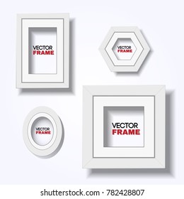 Set of realistic modern white certificate frames hanging on wall - A4, square, oval, and hexagonal shapes