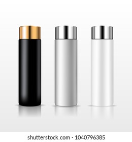 Set of realistic moisturizing cosmetic bottles in black, grey and white color with golden and silver caps isolated on white background. Vector 3d illustration for design, presentation, banners.
