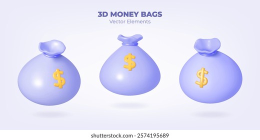 Set of realistic money bag with dollar icon. Financial, investment, business or payment concept. 3d render illustration.