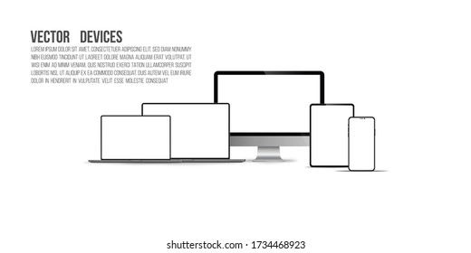 Set of realistic Monitor, laptop, tablet, phone on a white background vector illustration