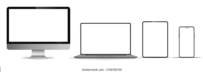Conjunto realista de monitor, portátil, tablet, teléfono con fondo blanco