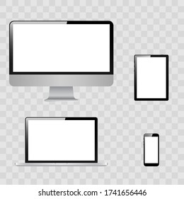 Set of realistic monitor, laptop, tablet, phone on a white background