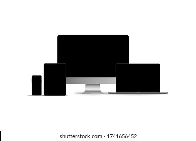 Set of realistic monitor, laptop, tablet, phone on a white background