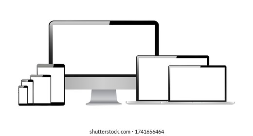 Set of realistic monitor, laptop, tablet, phone on a white background