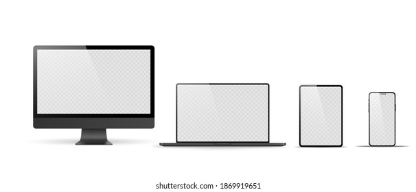 Set of realistic monitor, laptop, tablet, phone on a white background