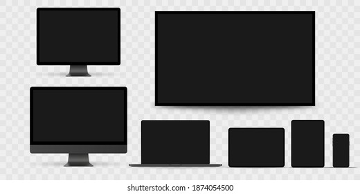 Set of realistic monitor, laptop, tablet, phone on a white background