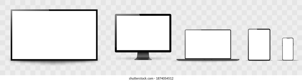 Set of realistic monitor, laptop, tablet, phone on a white background