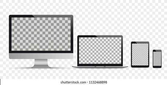 Set of realistic monitor, notebook, tablet and phone on the checked background. Eps 10 vector file. 