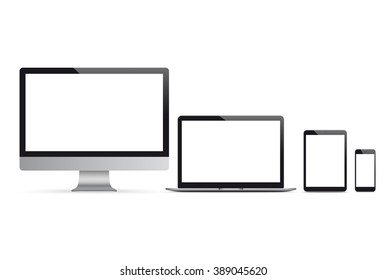 Set of realistic monitor, notebook, tablet and phone on the white background. Eps 10 vector file. 