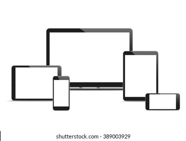 Set of realistic monitor, notebook, tablets and smartphones on the white background. Eps 10 vector file. 