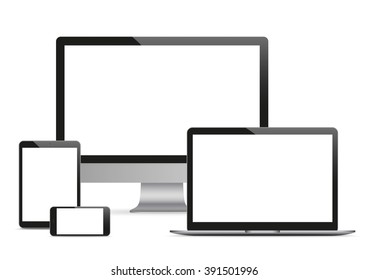 Set of realistic monitor, notebook, tablets and smartphones on the white background. Eps 10 vector file. 