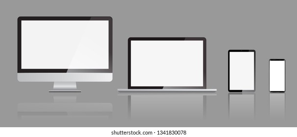 Set of realistic Monitors laptop tablet and smartphone display mockups with front view. Vector illustration.