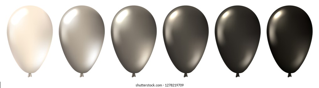 Set of realistic monochrome isolated white, silver and black balloons. Template for a business card, banner, poster, notebook, invitation. Vector illustration for your design
