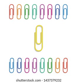 Set of realistic multi colored paper clips isolated on white background. Design element for school, school supplies. Stationery and office supply. Vector illustration