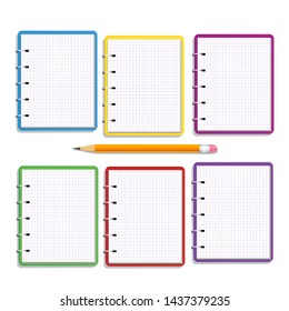 Set of realistic multi colored spiral notebook with squared paper pages and pencil with rubber eraser isolated on white background. Design elements for education, school supplies, exercise book