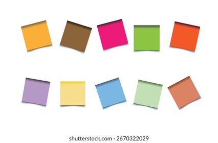 Conjunto de notas adhesivas multicolores realistas y pegatinas de papel cuadrado con sombras aisladas sobre fondo blanco.