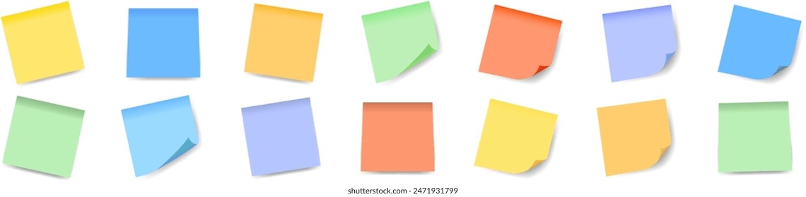 Set of realistic multicolor  sticky papers. Isolated note collection with shadows. Notes collection with shadow on transparent background