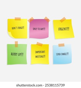 Set of realistic multicolor sticky papers. Isolated note collection with shadows. Notes collection with shadow on transparent background