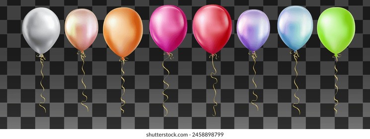 Set of realistic multicolored balloons with ribbons. Vector illustration