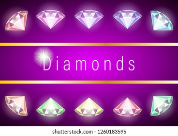 Set realistic multicolored diamonds. Closeup for decorative design. Gems and jewels on purple background. Multicolor shiny gemstone with cuts.  Colorful vector illustration. 