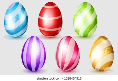 Set of realistic multicolored Easter eggs with glares, light stripes and soft shadows on white background