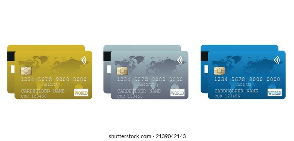 Set of realistic multicolored plastic credit bank cards isolated on white background. Vector illustration