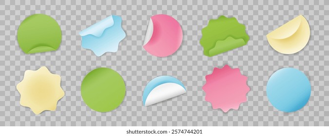 Set of realistic multicolored round stickers. Isolated blank paper sheets with curved and wavy edges on background. Elements for notes, mockups, planners, and journaling. Vector badges, sticky notes.