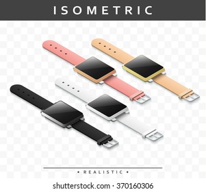 Set of realistic multicolored smart watch in isometric. Isolated clock with transparent shade for presentation of web products, advertising design, print production. Template mock up for Web Design