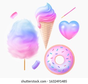 Set of realistic multi-colored sweets. Two-tone cotton candy 3D. Donut and marshmallows in pinky blue and purple colors. Heart shaped candy.