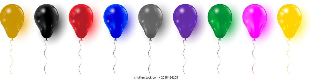 Juego de globos multicoloreados realistas de todos los colores aislados y sombreados sobre fondo blanco. Decoración festiva para el cumpleaños, boda o fiesta de los niños.