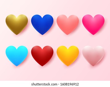 Set of realistic multicoloured hearts with shadow isolated on pink background. Valentines Day, wedding, love symbol