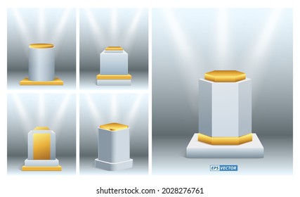 set of realistic museum stage or realistic cubes podium for exhibit and trophy or empty geometrical gold pillars .eps vector
