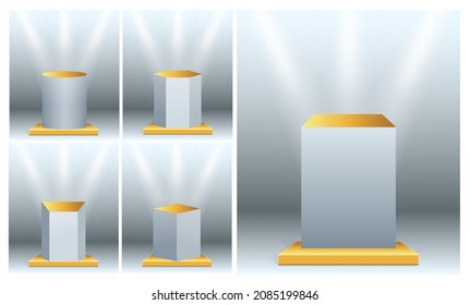 conjunto de escenarios de museo realistas o podio de cubos realistas para exhibición y trofeo o pilares de oro geométrico vacío .eps vector

