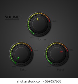 Set Realistic music button, volume knob with realistic designed shadow. Easy, normal, hard. Eps 10