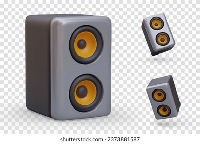 Set of realistic music speakers in different positions. Isolated vector illustrations, icons. Electronic device for listening to music. Stage equipment, column