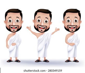 Set of Realistic Muslim Man Characters Wearing Ihram Cloths for Performing Hajj or Umrah Pilgrimage in Makkah isolated in White Background. Editable Vector Illustration.