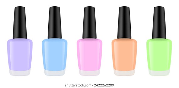 Set von realistischen Nagellack-Flaschen. Nagellack oder Gel. Rosa, Korallen, violett, blau und grün.