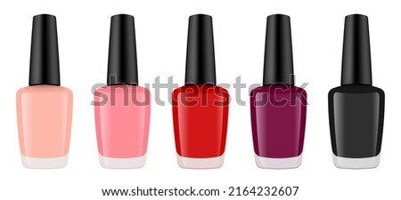 Set of realistic nail polish bottles. Nail laquer or gel. Nude pink, red and black colors.