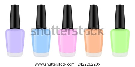 Set of realistic nail polish bottles. Nail laquer or gel. Nude pink, coral, purple, blue and green colors.