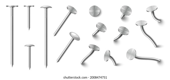 Set of realistic nails straight hammered into wall with steel or silver pin heads. Metal hardware spikes or hobnails with grey caps. 3d vector illustration