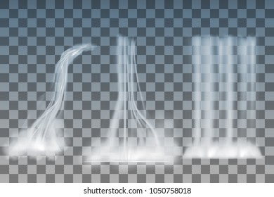 Set of realistic nature waterfalls with fog on transparent background isolated. vector illustration