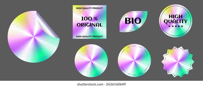 Set of realistic neon holographic stickers, quality emblems, labels, original postage stamps, symbol of the highest quality of the official guarantee of the product with different shapes.Vector image 