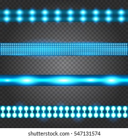 Set of realistic neon or led glowing light stripes on transparent background. Horizontal seamless objects.