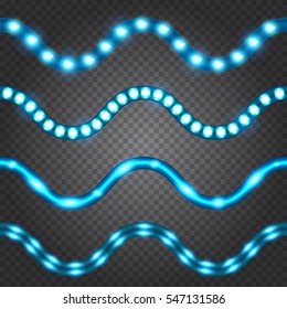 Set of realistic neon or led glowing light stripes on transparent background. Horizontal seamless objects.