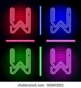 Set of realistic neon letters with different neon color glow on dark. Vector neon typeface