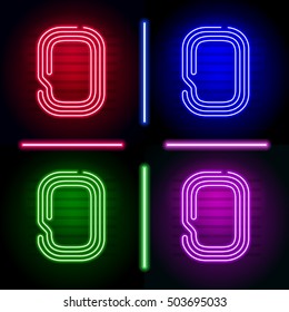 Set of realistic neon letters with different neon color glow on dark. Vector neon typeface