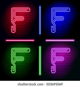 Set of realistic neon letters with different neon color glow on dark. Vector neon typeface
