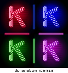 Set of realistic neon letters with different neon color glow on dark. Vector neon typeface